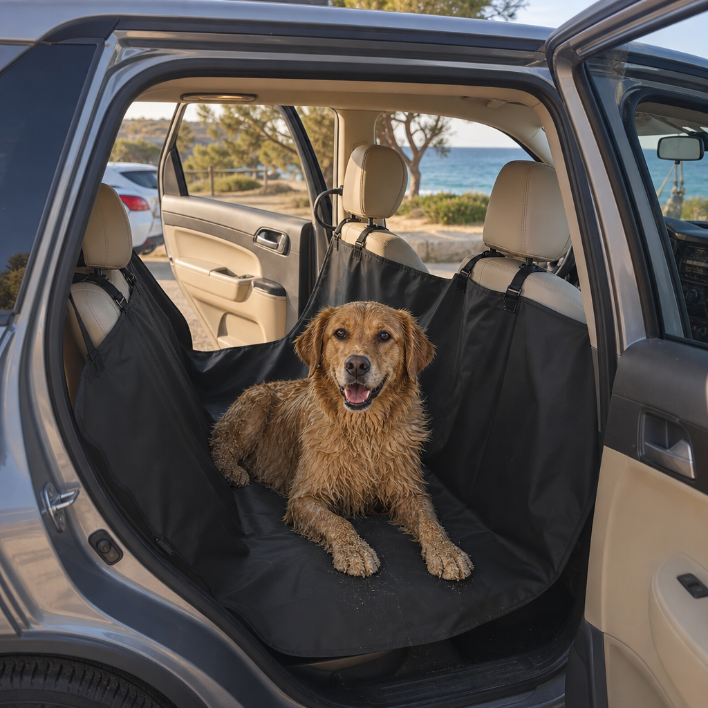 Perro mojado tumbado sobre la funda negra en el asiento trasero de un coche, junto a la playa