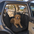 Perro mojado tumbado sobre la funda negra en el asiento trasero de un coche, junto a la playa