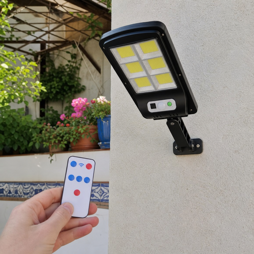 Luz solar LED con mando en el patio