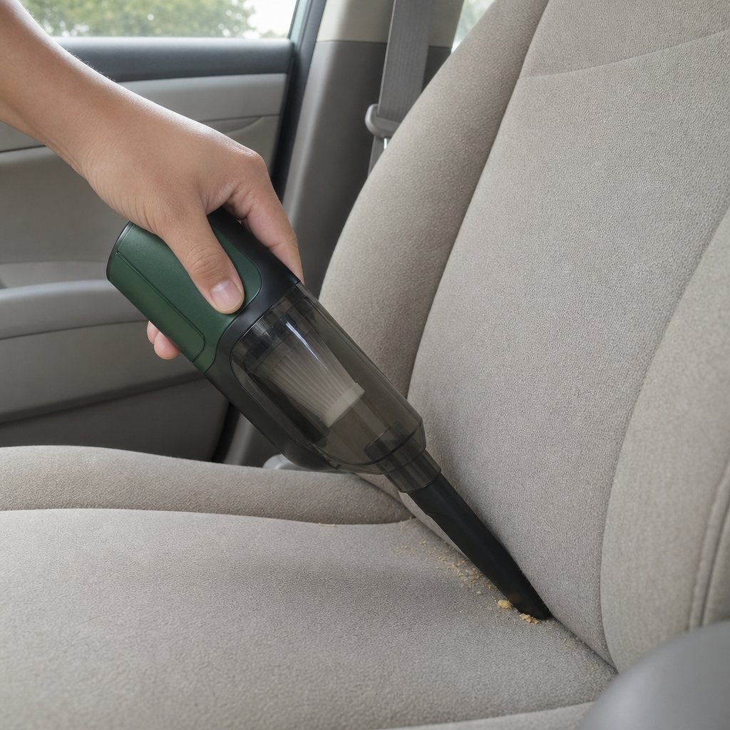 Aspirador de coche portátil en uso en el asiento