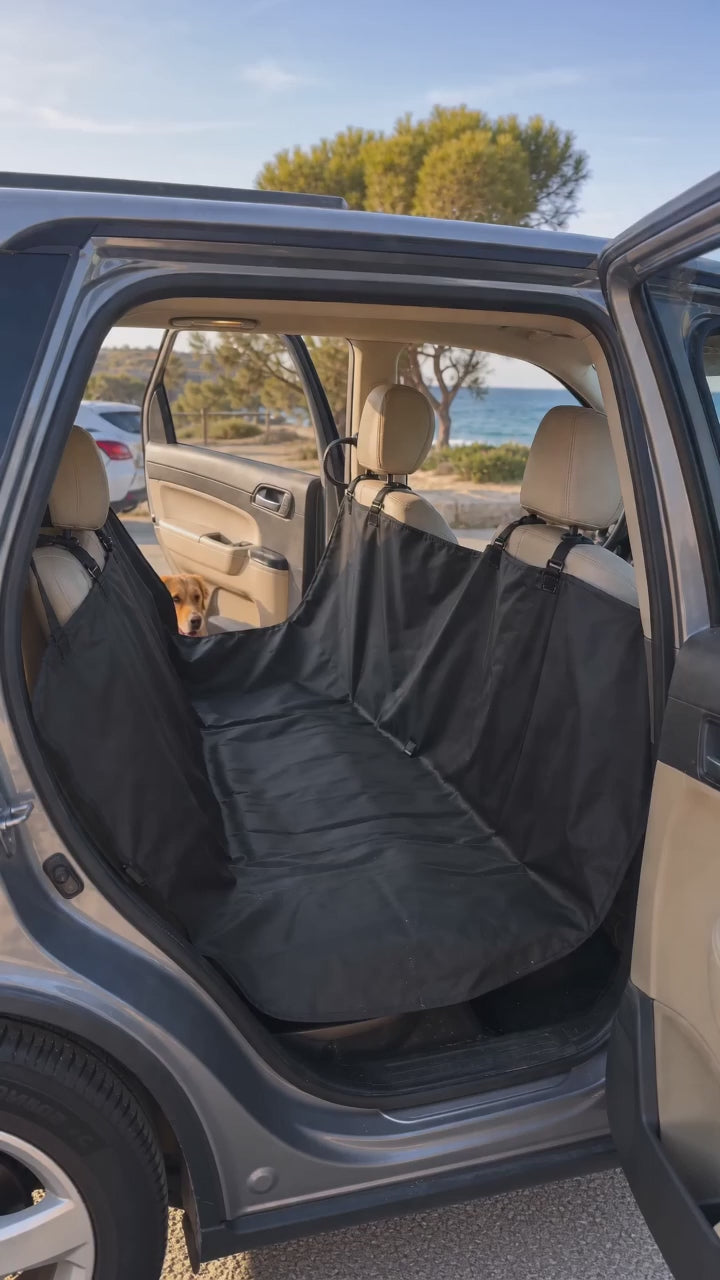 Perro mojado de la playa sobre la funda del asiento trasero; al llegar se sacude la funda y el asiento queda limpio
